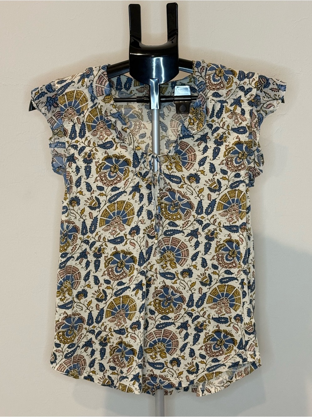Lucky Brand Cream Floral Tie-Front Blouse with Blue and Mustard Accents